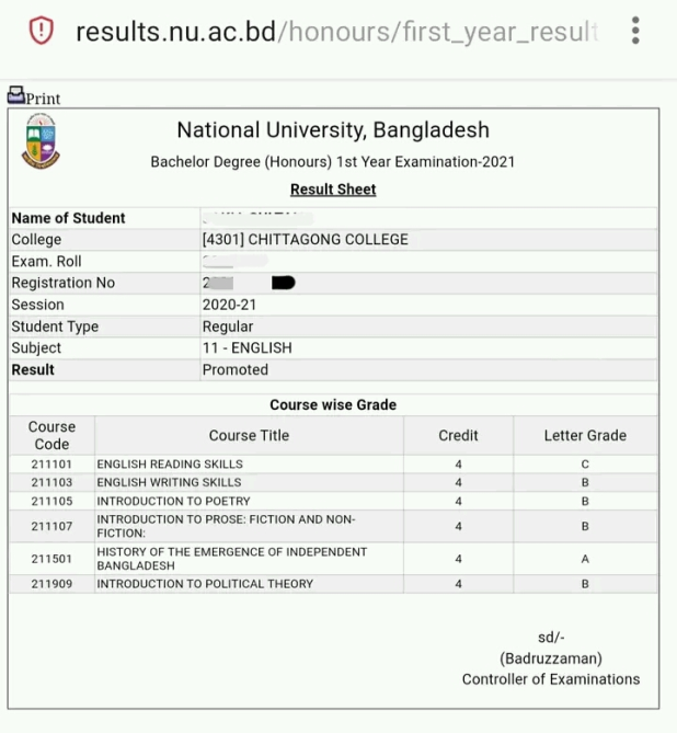 NU Honours 1st Year Result 2025 